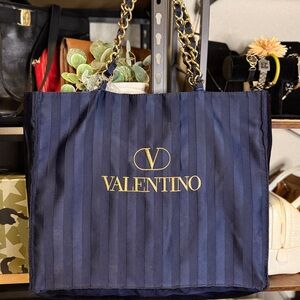 Valentino Les Sack Striped Tote • Navy Blue • Gold Chain